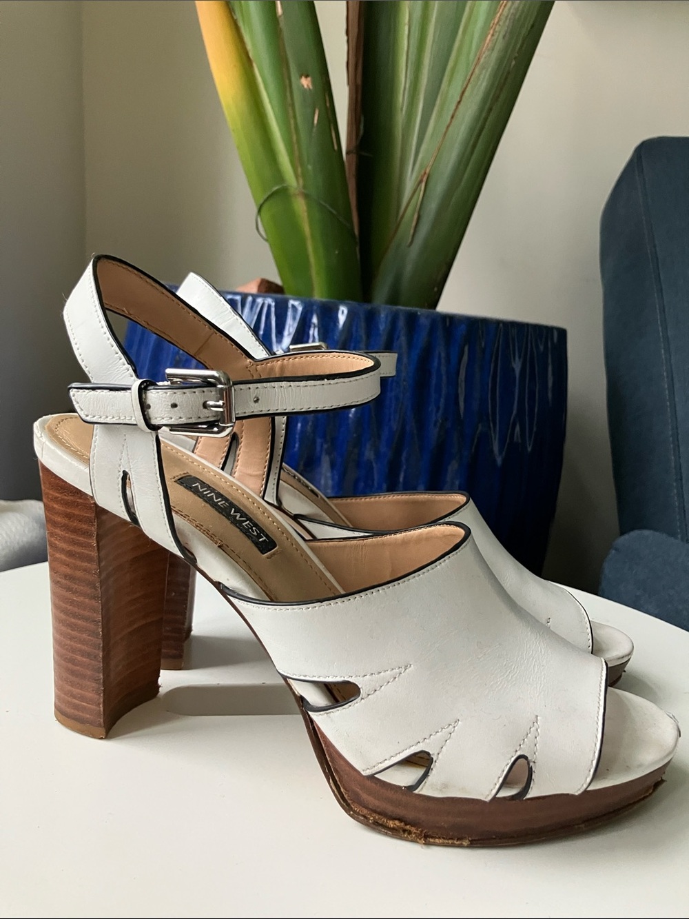 •Nine West• Chunky Genuine White Leather Strappy Heels